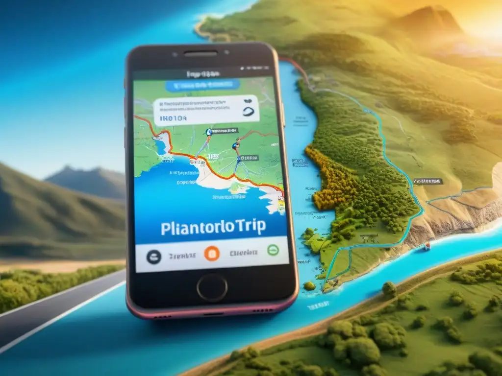 Explora Uruguay con las mejores apps para road trip Uruguay: mapa detallado de ruta y paisajes pintorescos en pantalla de smartphone