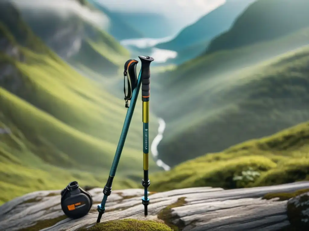 Los mejores bastones de trekking en Uruguay, detallados y robustos, en un entorno natural con luz suave y gotas de agua