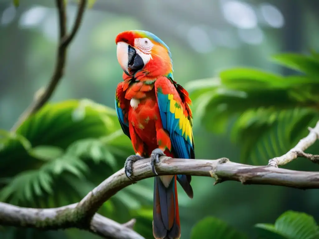 Mejores binoculares fauna Uruguay: Majestuoso guacamayo escarlata en la exuberante selva uruguaya