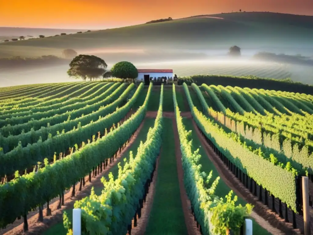 Mejores bodegas de vino en Uruguay: Viñedo pintoresco al atardecer, viticultor inspeccionando uvas