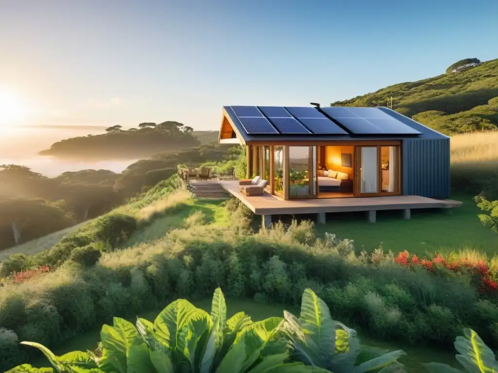 Mejores cabañas familiares en Uruguay: Eco-cabaña sostenible en medio de la naturaleza con familia feliz al atardecer