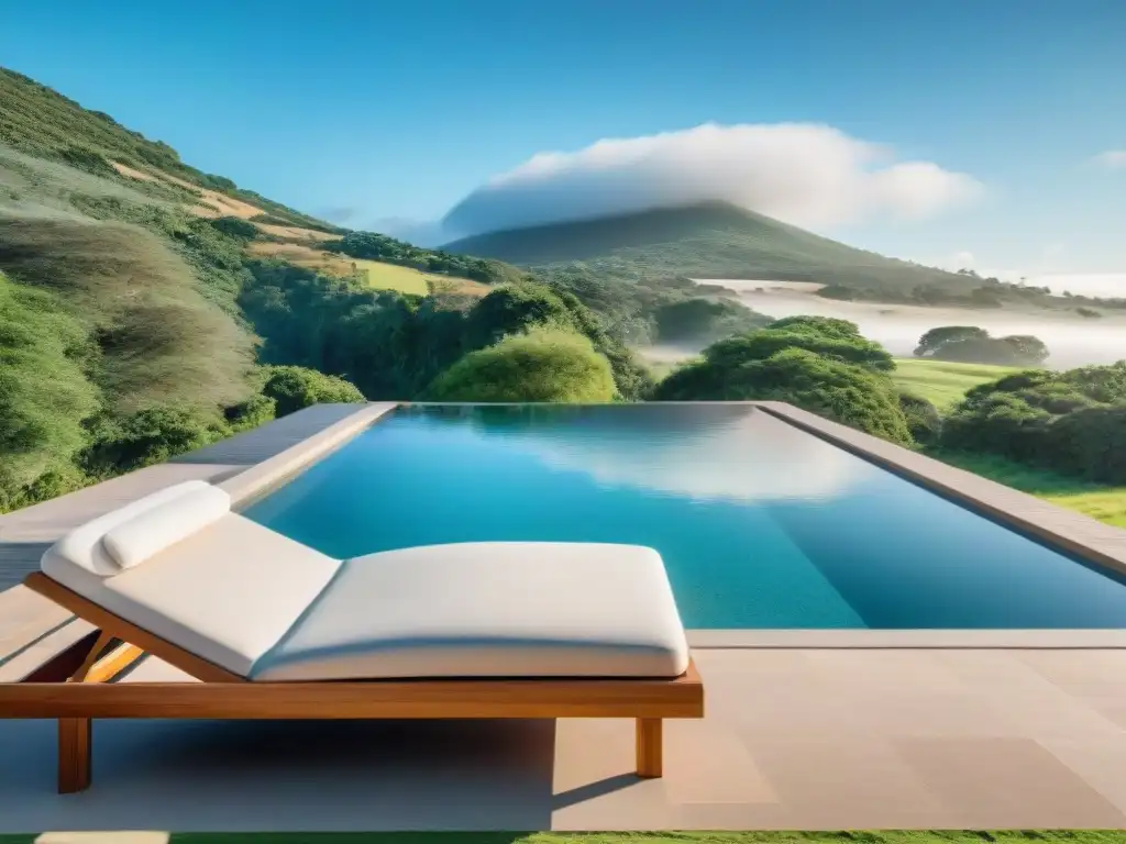 Mejores cabañas spa Uruguay: Oasis de relajación con piscina al aire libre y vegetación exuberante en un spa sereno