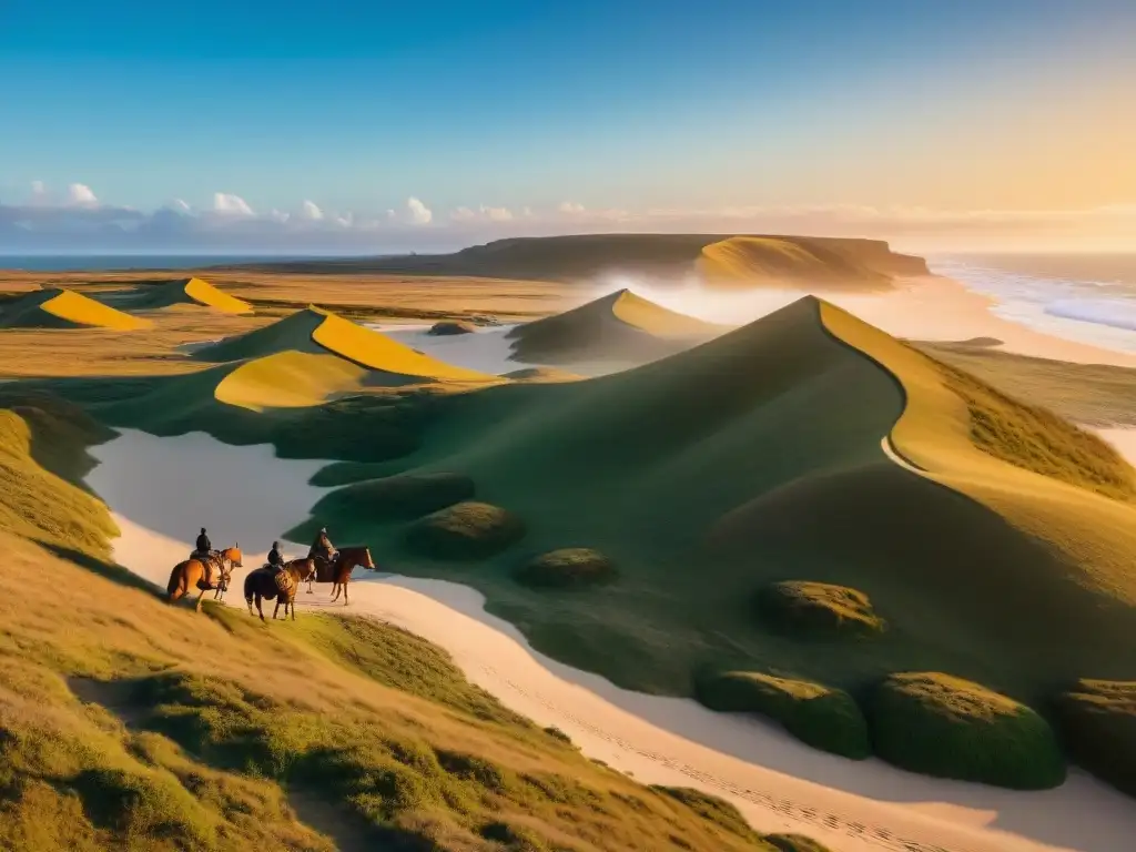 Mejores cabañas rústicas Uruguay: Atardecer dorado sobre acantilados en Cabo Polonio, gauchos montan a caballo entre las cabañas