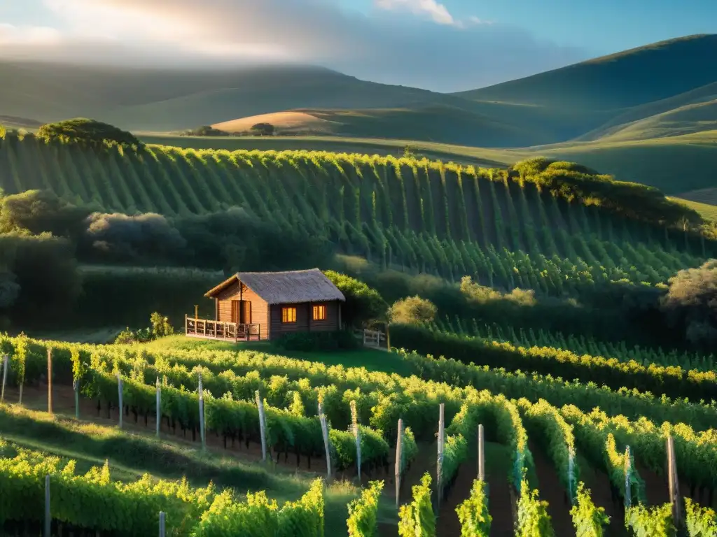 Mejores cabañas en viñedos de Uruguay al atardecer, con luz dorada y ambiente sereno