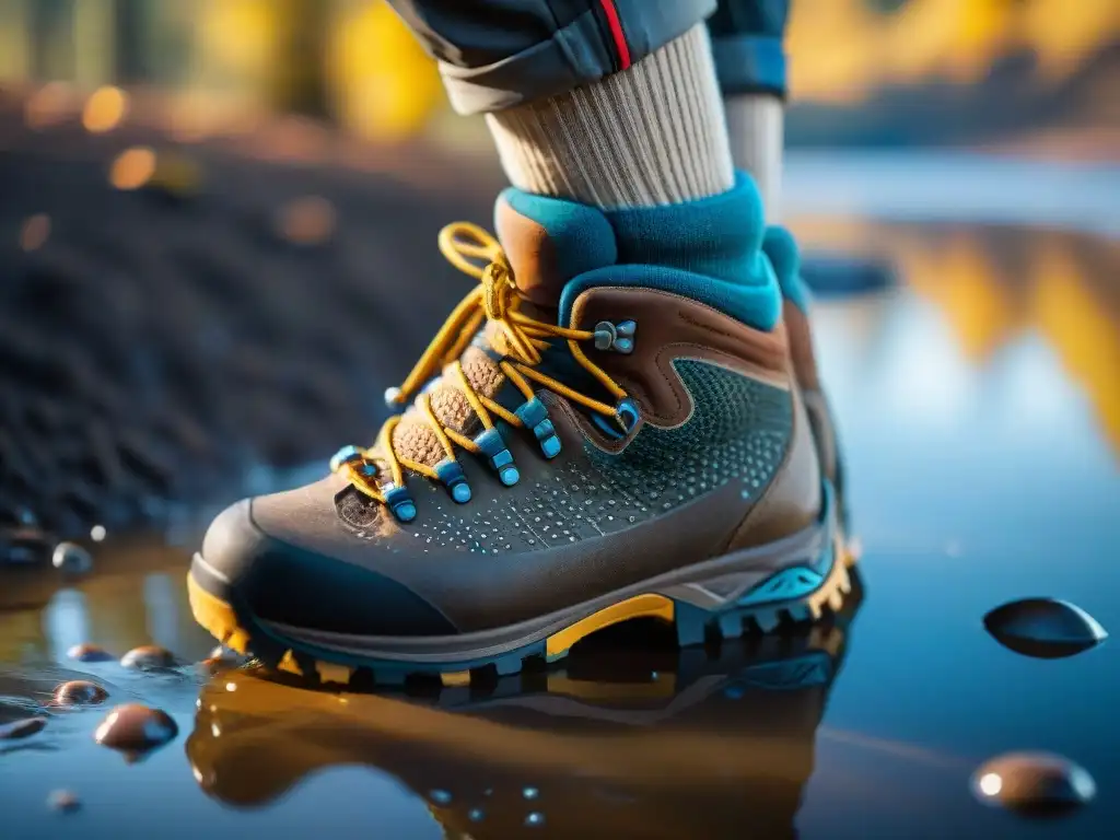 Los mejores calcetines de trekking impermeables: detalle de bota de senderista con barro y gotas de agua, resaltando su resistencia