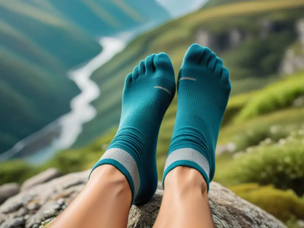 Los mejores calcetines de trekking impermeables: pies de excursionista en sendero rocoso rodeado de vegetación, calcetines secos y detallados