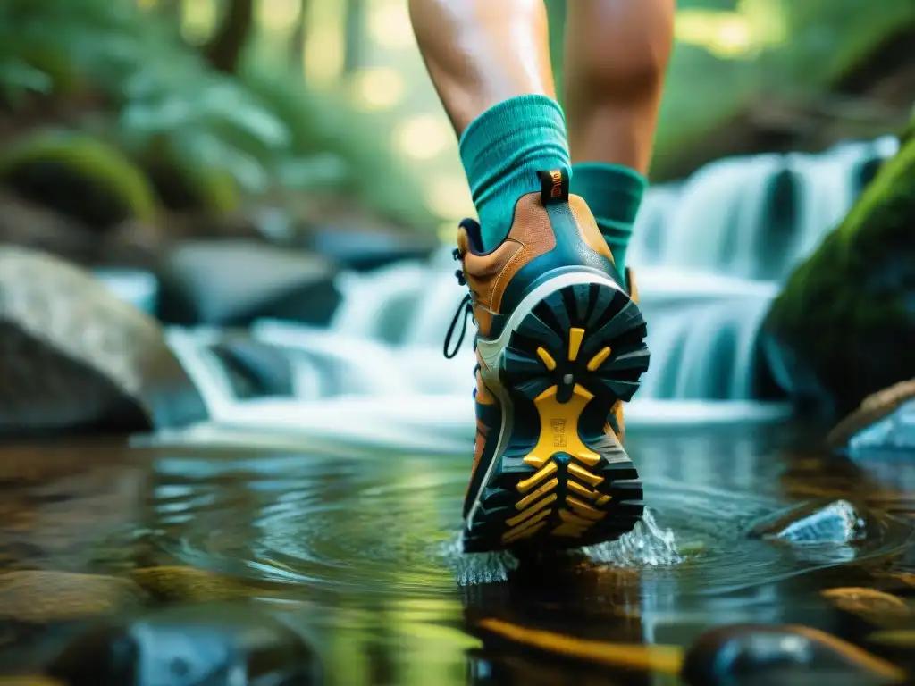 Los mejores calcetines trekking impermeables en acción: botas resistentes cruzando un arroyo de montaña