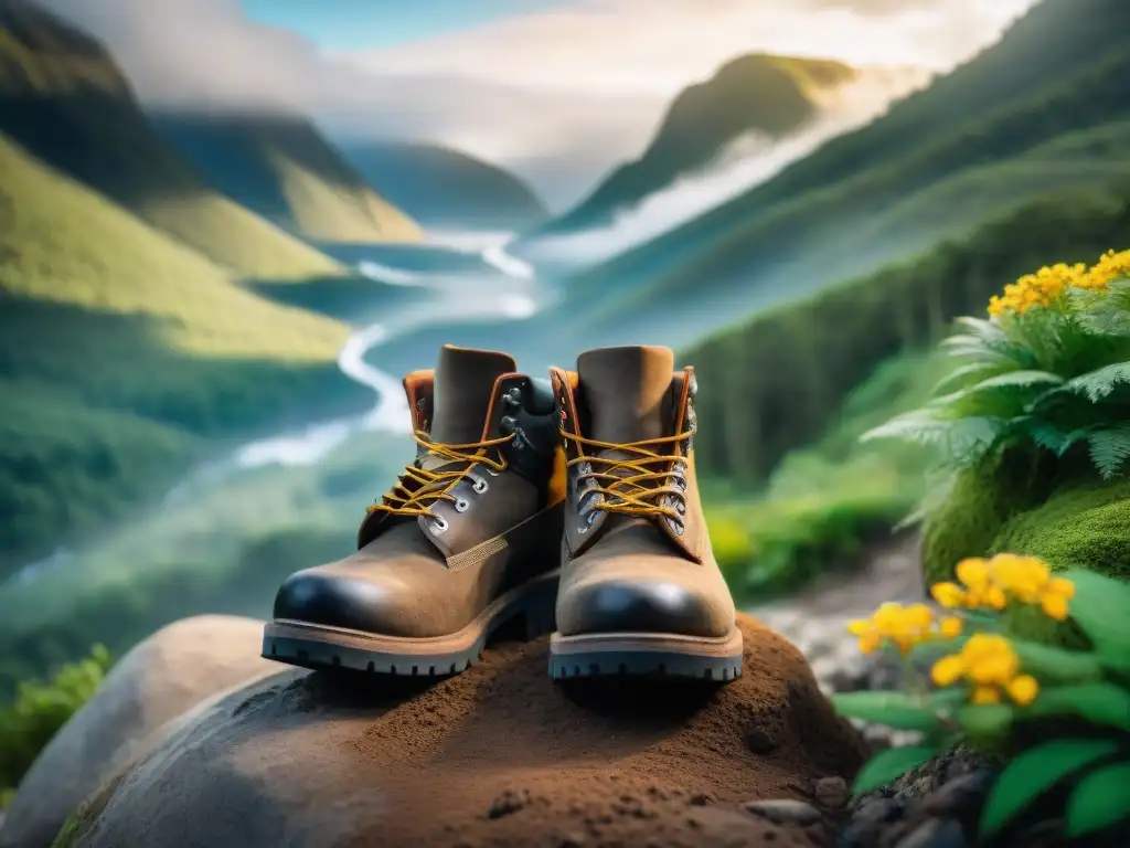 Mejores calzados trekking Parque Santa Teresa: Botas de trekking cubiertas de polvo y barro en un bosque exuberante con arroyo y flores silvestres