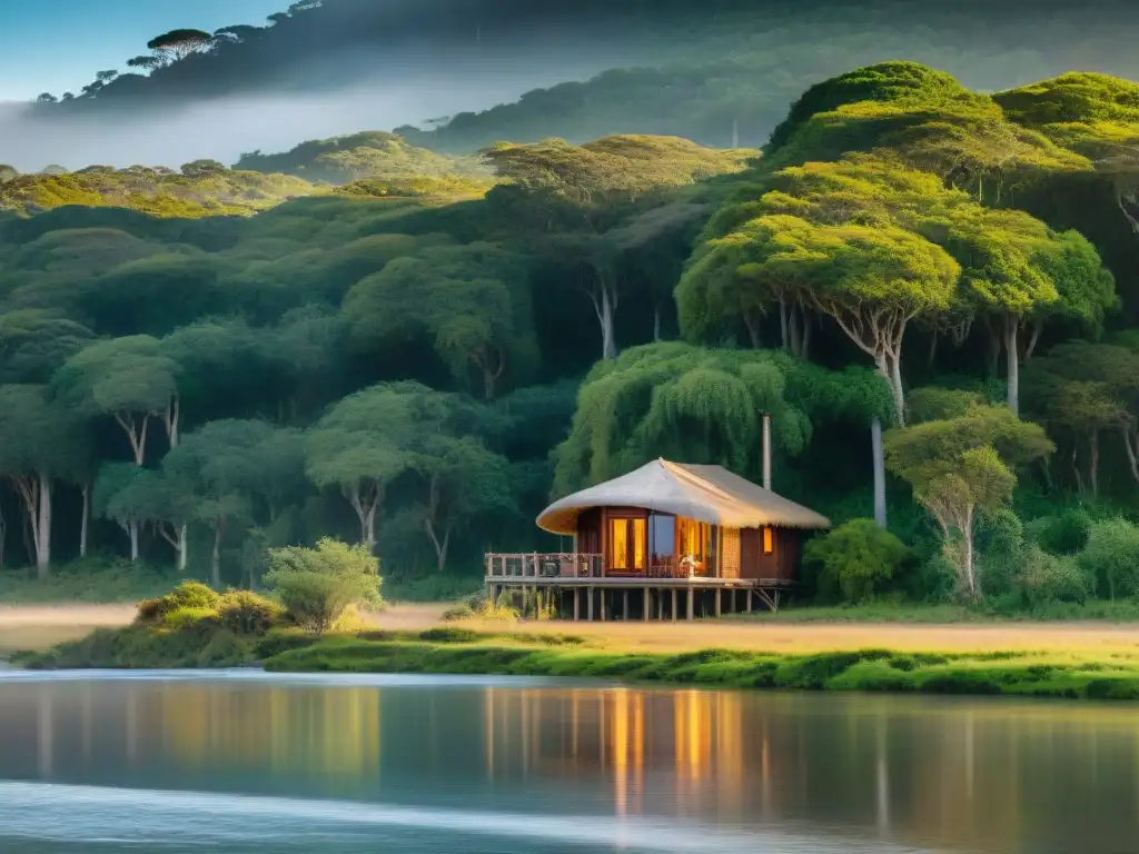 Uno de los mejores ecolodges en Uruguay: una cabaña acogedora entre la exuberante vegetación, con río sereno al atardecer