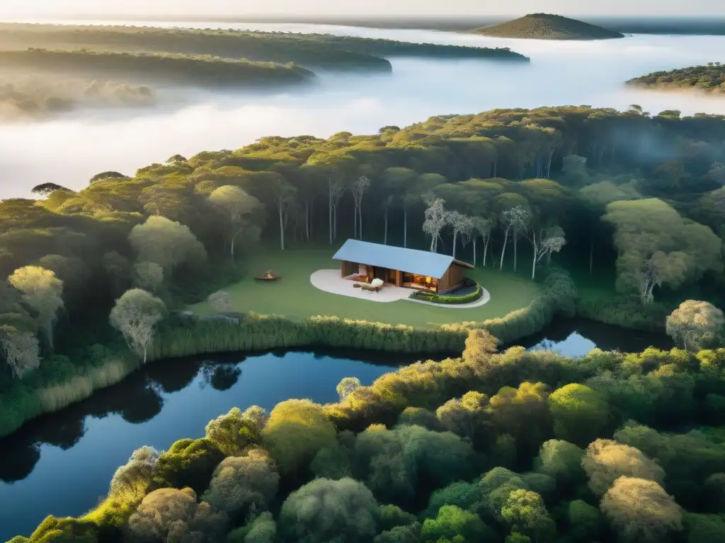 Mejores ecolodges Uruguay naturaleza: Ecolodge de lujo integrado en exuberante paisaje con río y huéspedes disfrutando actividades al aire libre