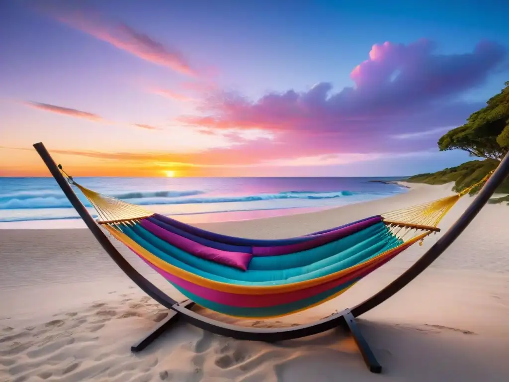 Mejores hamacas ultraligeras Uruguay: Playa serena al atardecer con coloridas hamacas ondeando suavemente