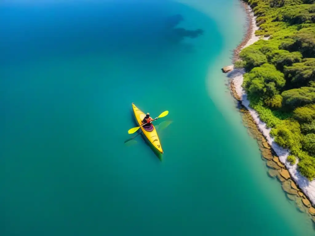 Kayaker disfruta de los mejores itinerarios kayak Uruguay en Laguna Garzón, rodeado de naturaleza y aves nativas