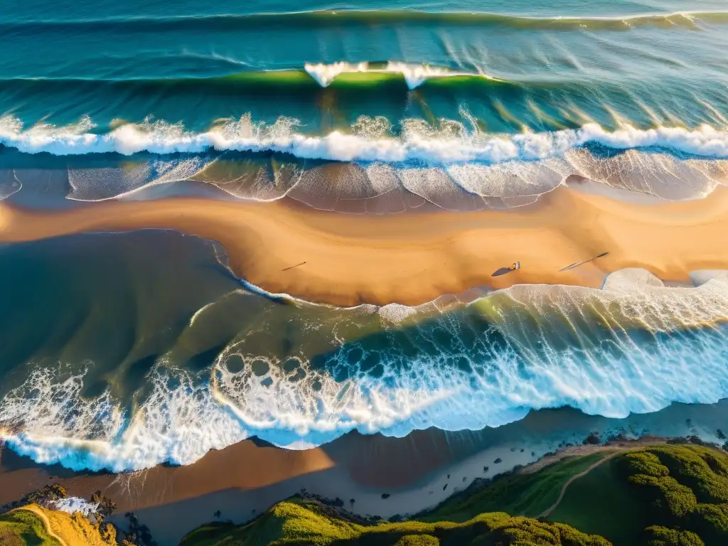 Los mejores lugares para surfear en Uruguay: Atardecer dorado en Punta del Diablo con surfistas en el mar