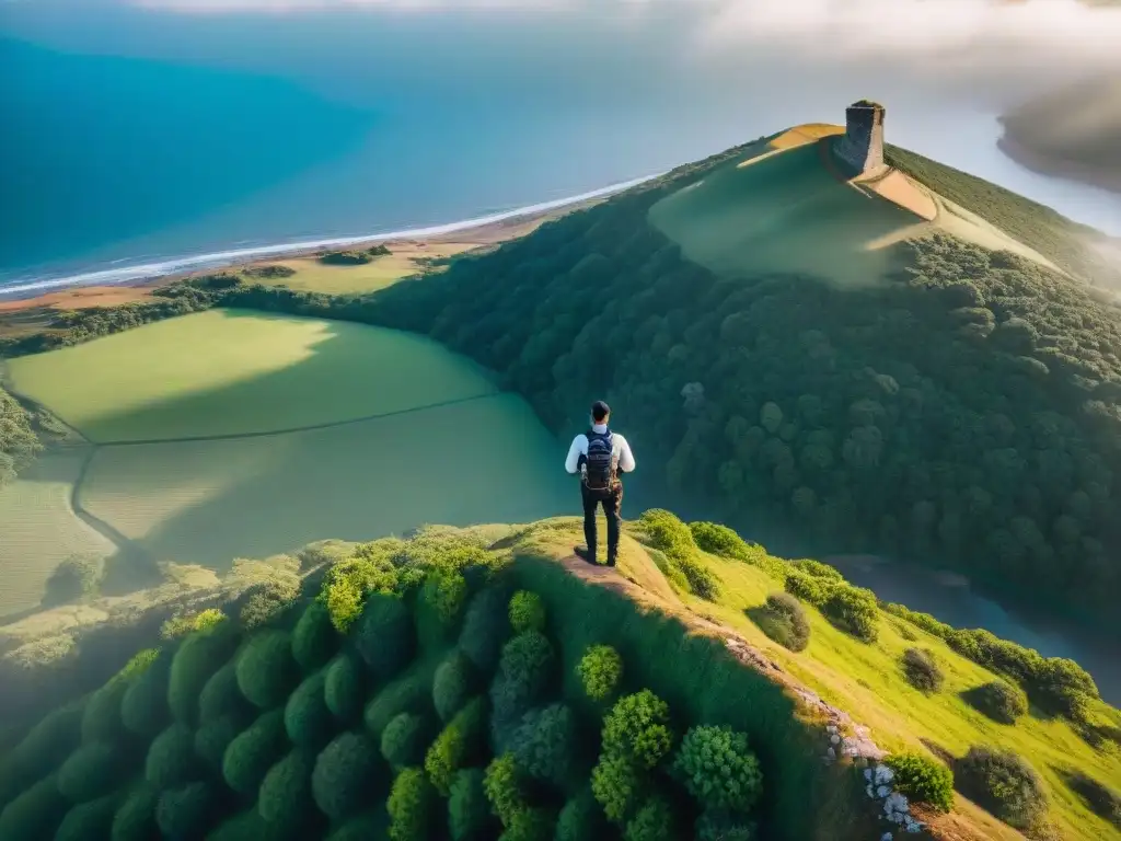 Explorando los mejores lugares para volar drones en Uruguay, el piloto admira las vistas panorámicas desde un acantilado