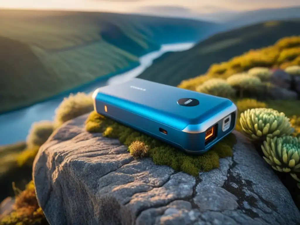 Mejores power banks para aventura en Uruguay: un power bank resistente en un paisaje uruguayo impresionante al atardecer