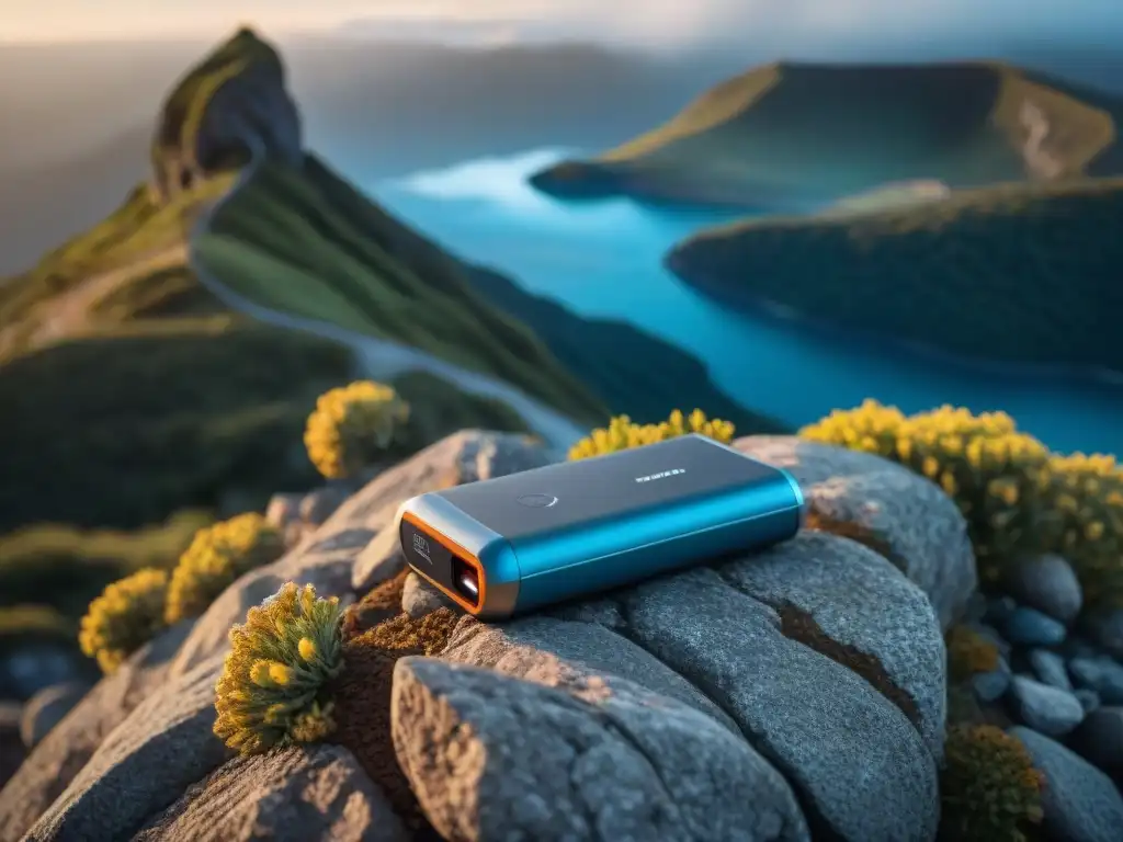 Mejores power banks para aventura en Uruguay: Hiker usando resistente power bank en sendero montañoso