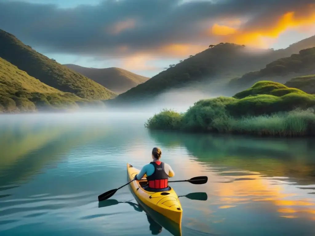 Kayaker disfruta de las mejores rutas kayak Uruguay mareas en Laguna Garzón al atardecer