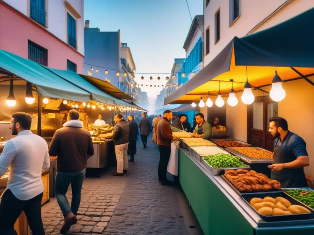 Mejores spots street food Uruguay: Calle bulliciosa en Montevideo con food trucks coloridos y vendedores sirviendo platos tradicionales