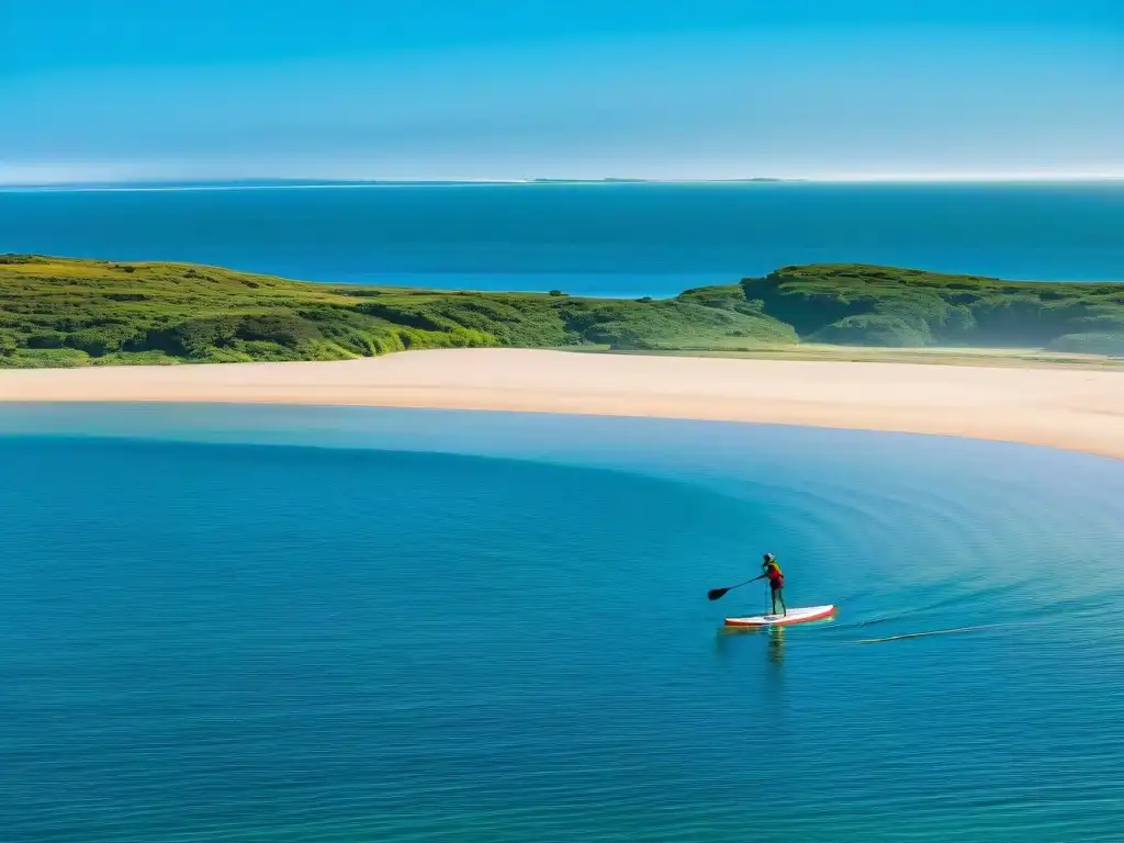 Paddleboarder disfrutando de las mejores tablas paddle surf Uruguay en una serena costa con olas suaves y cielo azul