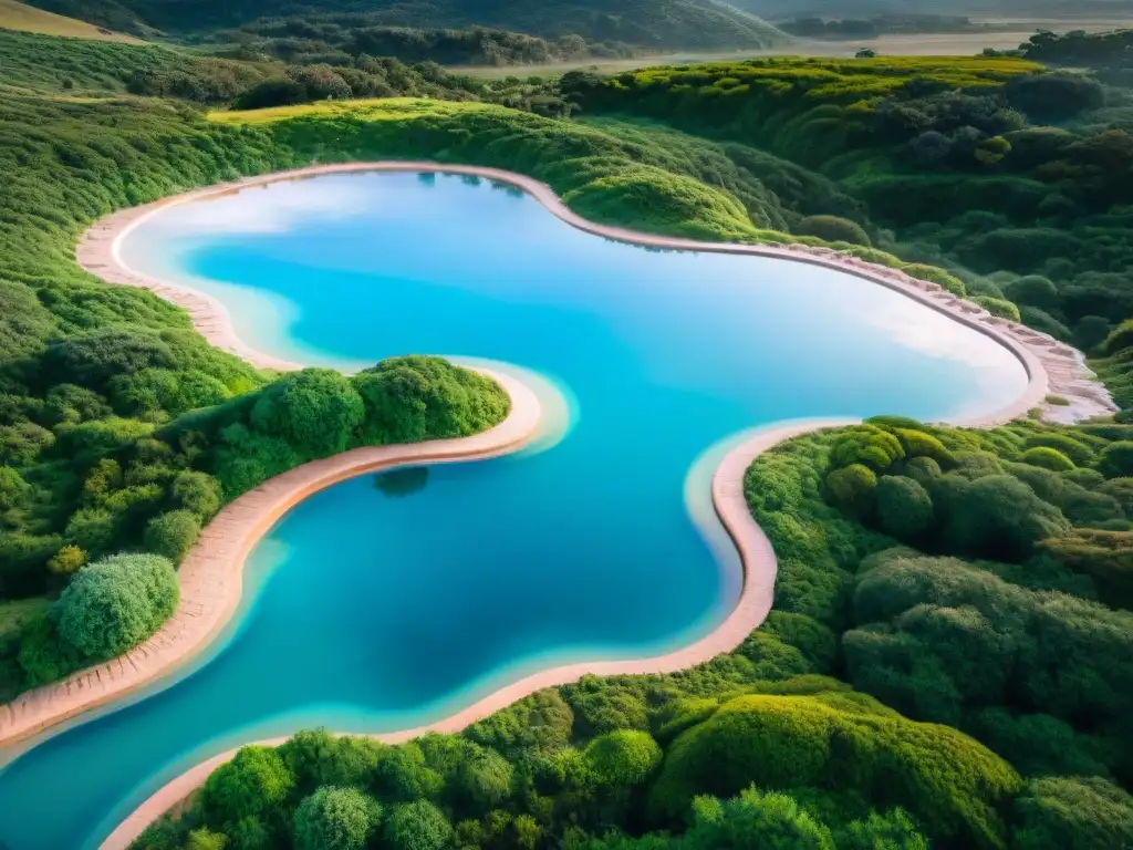 Descubre las mejores termas de Uruguay: aventureros sumergidos en aguas termales en medio de exuberante vegetación y colinas