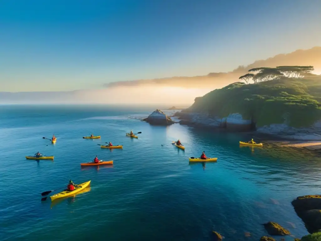 Mejores kayaks para explorar Uruguay: Kayaks vibrantes surcan aguas doradas al atardecer en la impresionante costa uruguaya