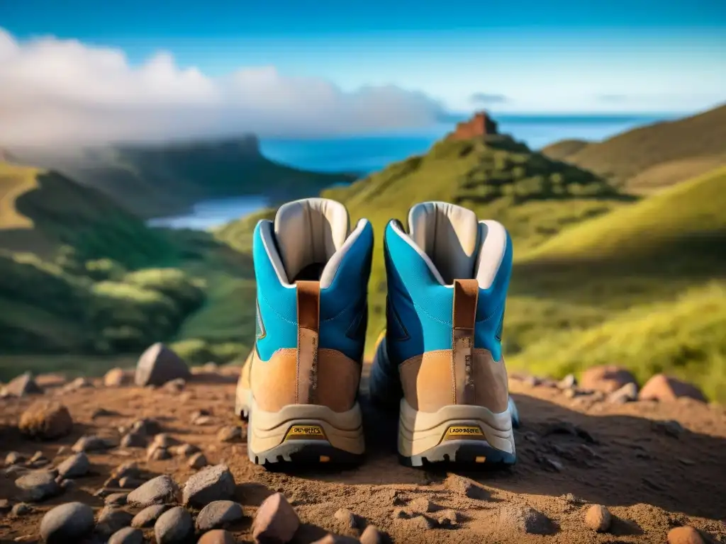 Los mejores zapatos de trekking para Uruguay: botas de montaña cubiertas de barro en paisaje rocoso