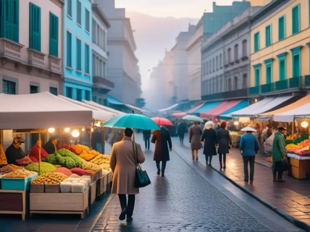 Mercadillo en Montevideo: vibrante escena cultural llena de colores y energía, con arte y comida tradicional bajo sombrillas coloridas