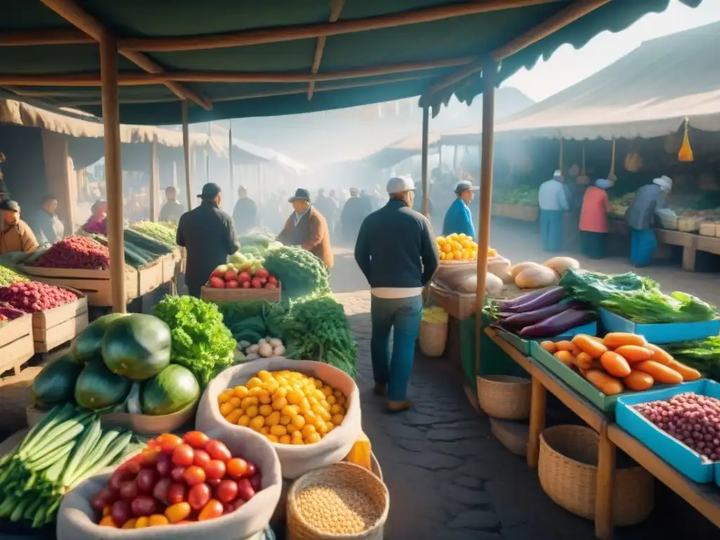 Mercado al aire libre en Uruguay, lleno de vegetales frescos y coloridos