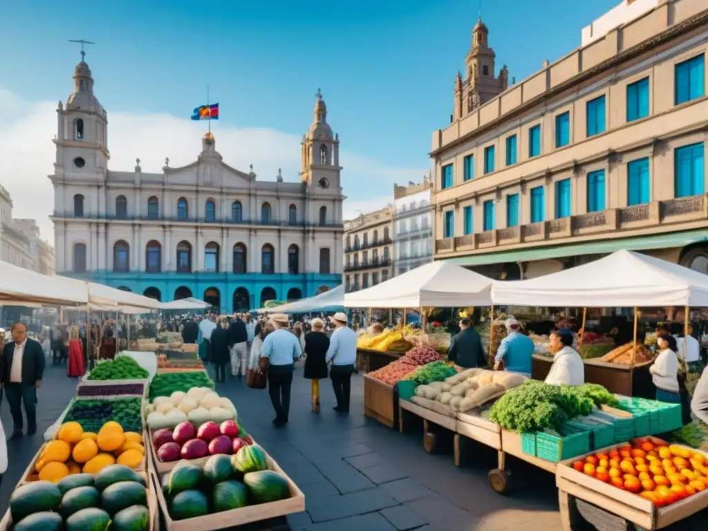 Mercado al aire libre en Montevideo con productos locales y turistas, reflejando la cultura uruguaya