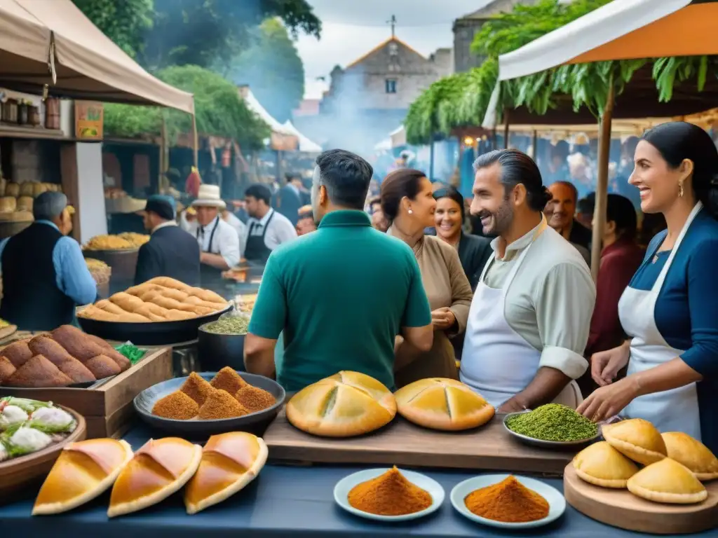 Un mercado al aire libre en Uruguay con recetas tradicionales uruguayas preservación, vendedores locales ofreciendo delicias a turistas