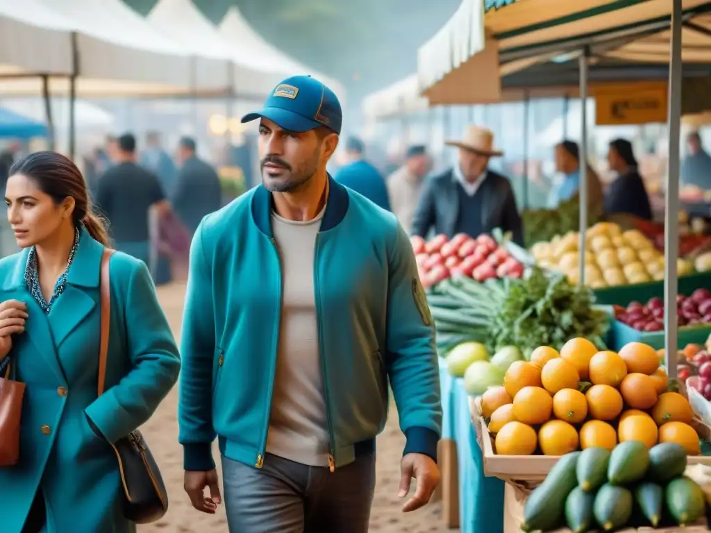 Un mercado al aire libre en Uruguay con variedad de frutas y verduras frescas