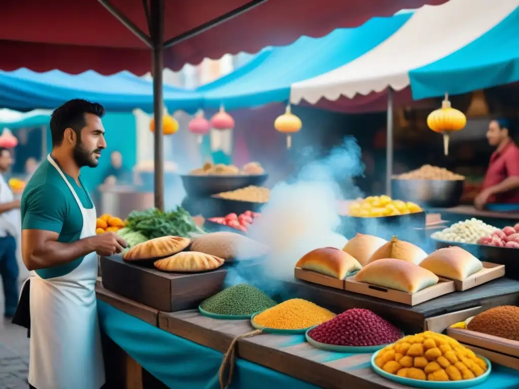 Mercado al aire libre en Montevideo con vibrantes colores y delicias culinarias, ideal para seguro de viaje gastronomía Uruguay