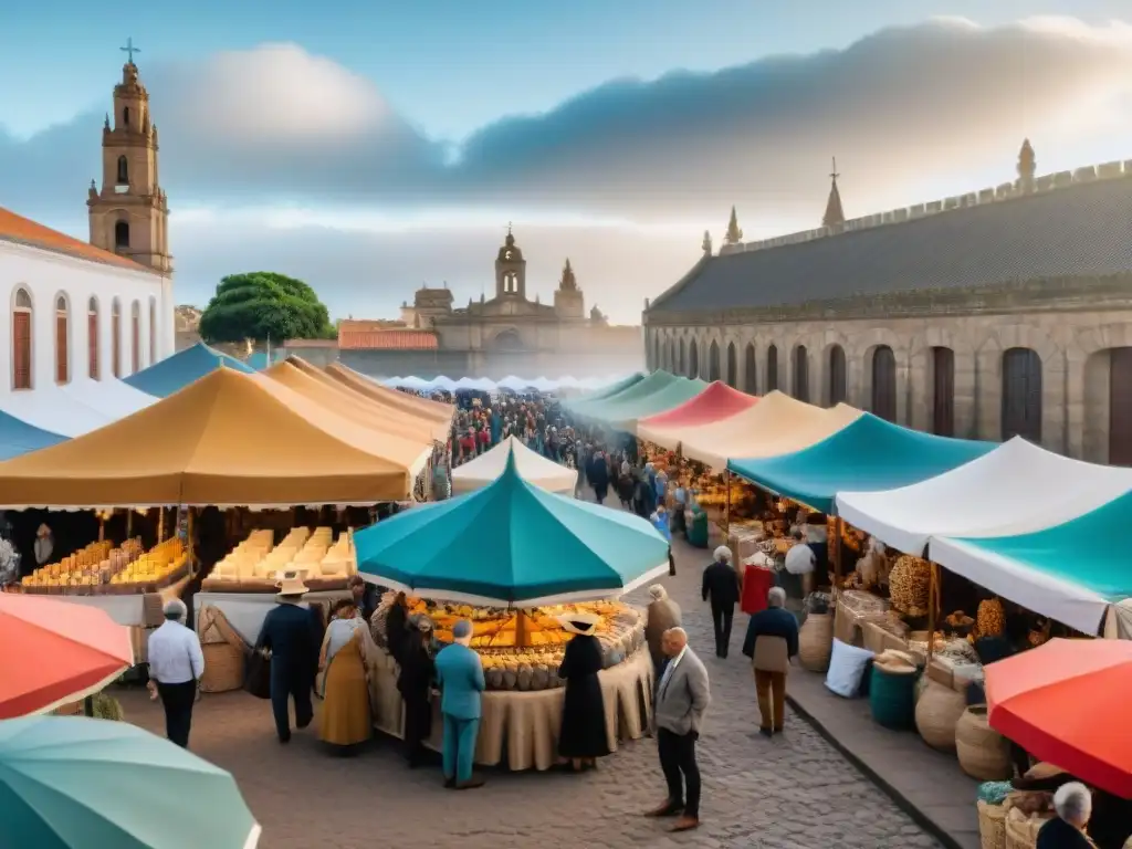 Un mercado artesanal bullicioso en Uruguay con puestos vibrantes llenos de productos hechos a mano