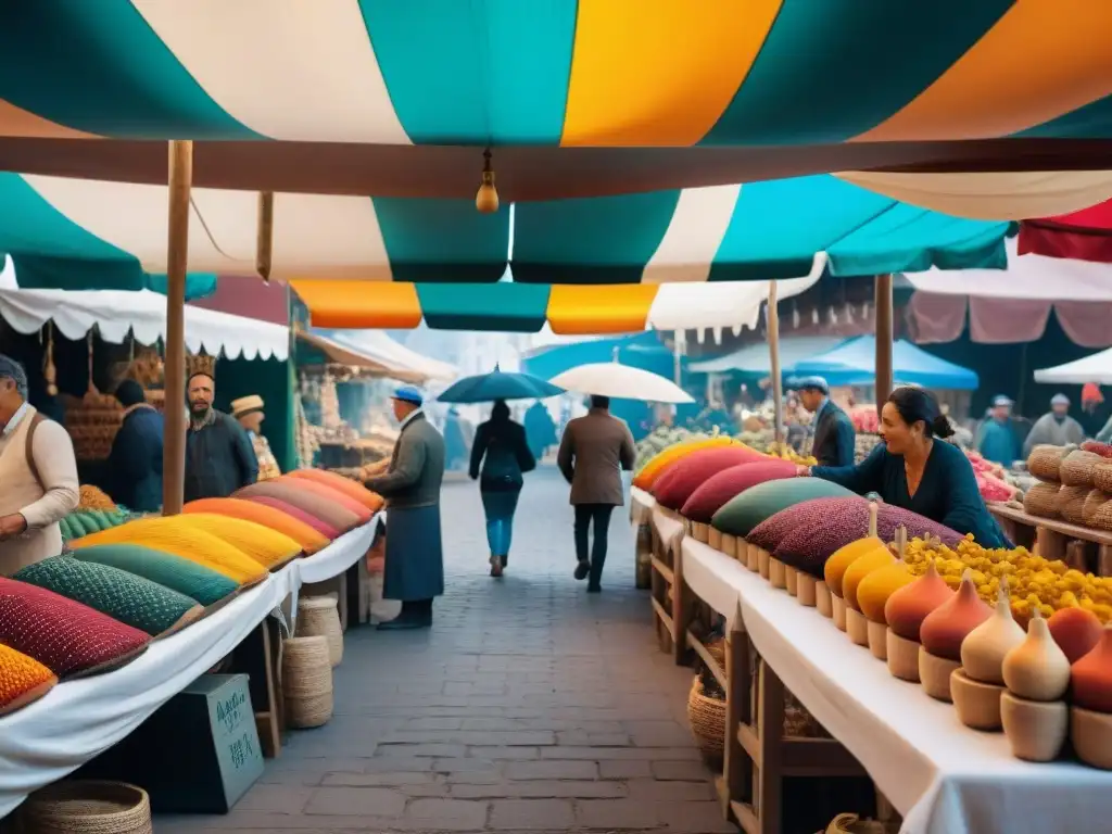 Un mercado artesanal bullicioso en Montevideo, Uruguay, con vibrante arte popular uruguayo y artesanos locales bajo coloridos paraguas