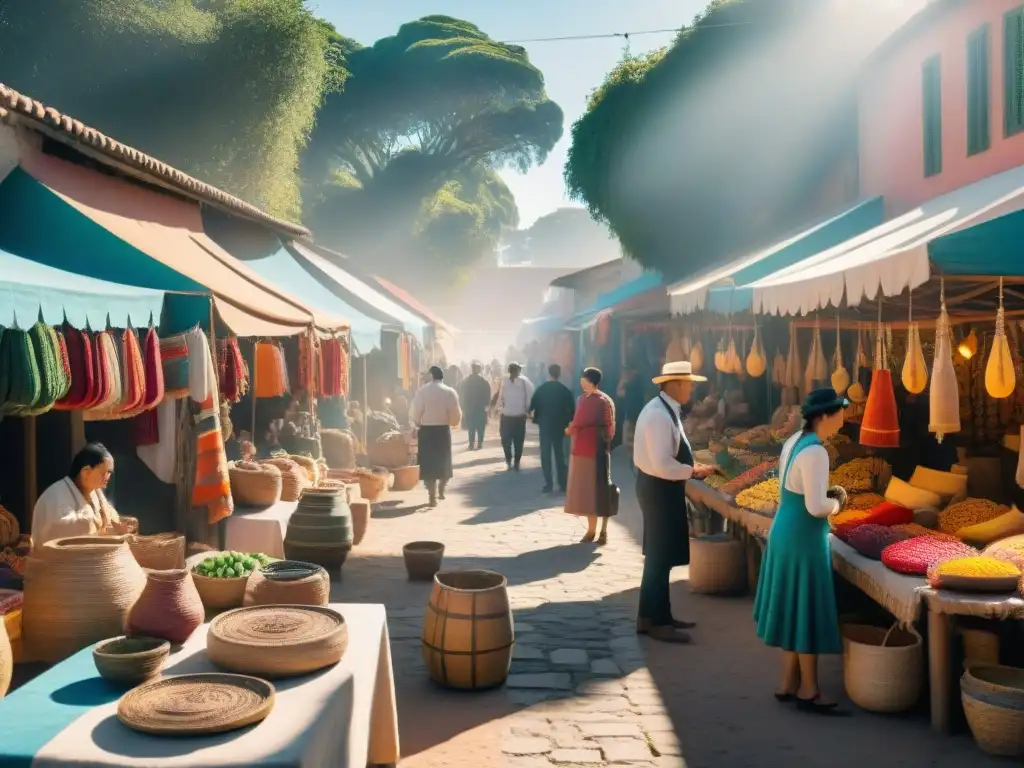 Mercado artesanal en Uruguay con coloridas artesanías y vendedores locales interactuando con clientes bajo el sol