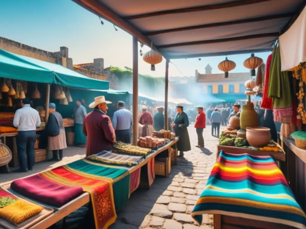 Mercado artesanal en Uruguay con ferias artesanales sostenibles Uruguay, lleno de colores, textiles y cerámicas hechas a mano