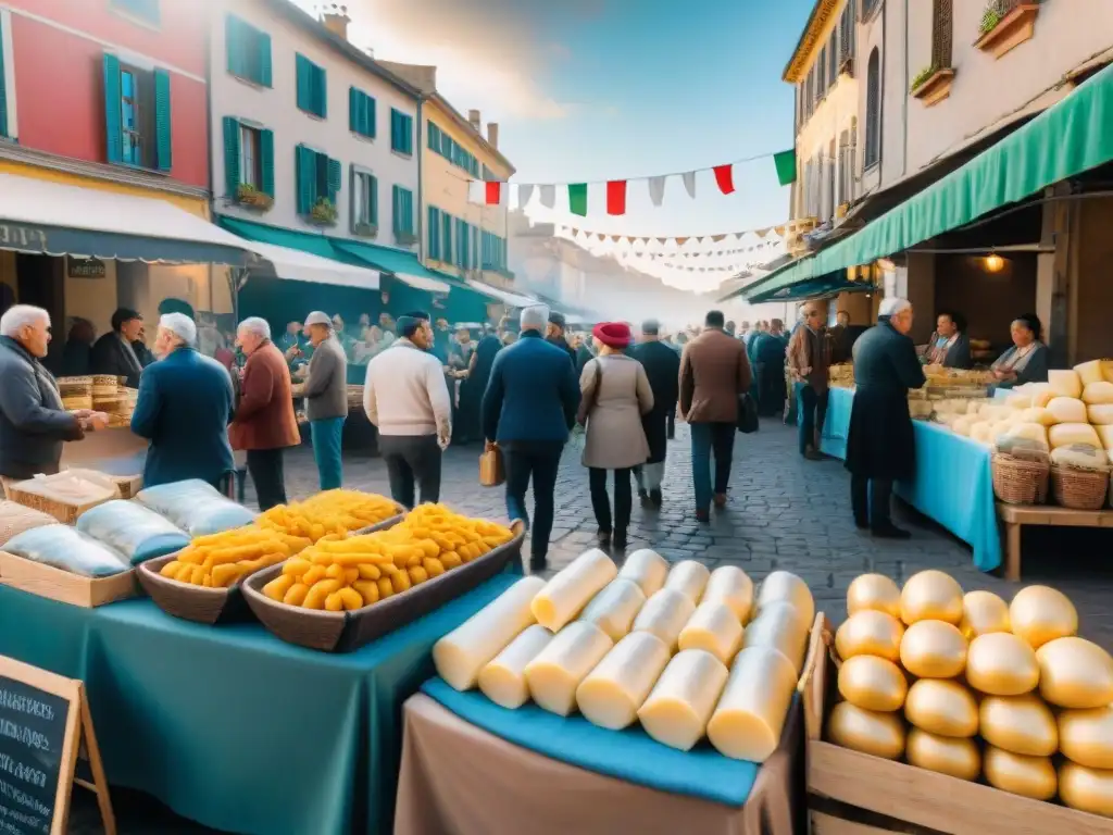 Un mercado bullicioso al aire libre en Uruguay con influencia italiana, lleno de productos como queso Parmesano, pasta fresca y vino tinto