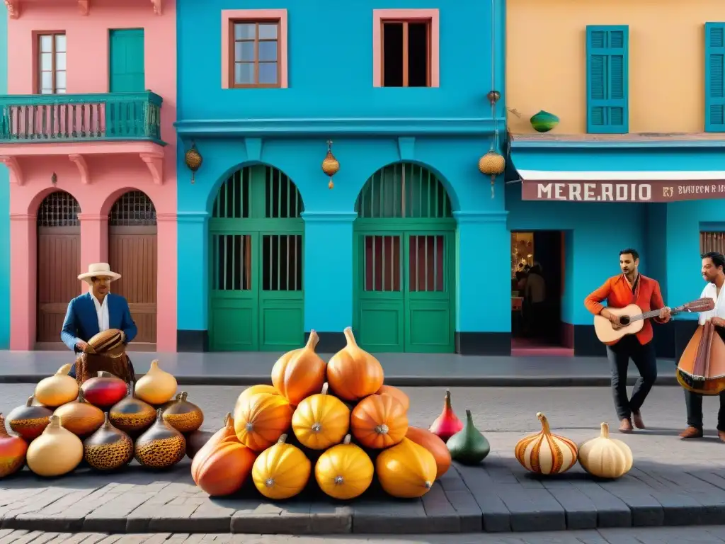 Un mercado bullicioso en Montevideo, Uruguay, con artesanías coloridas y músicos de Candombe