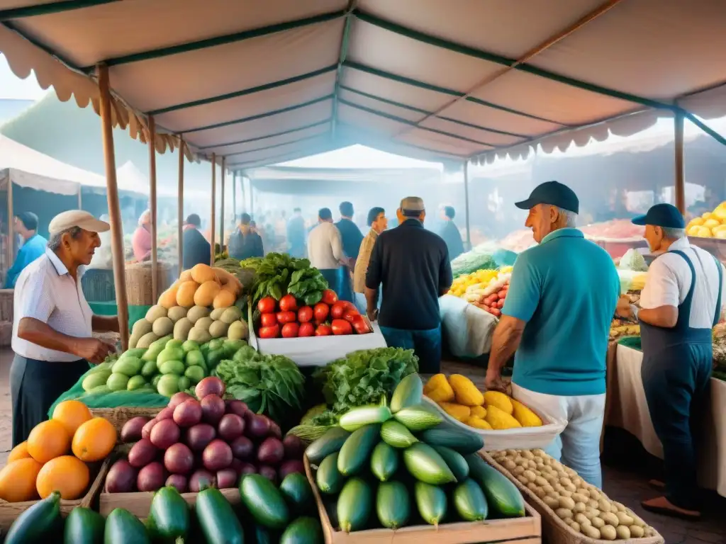 Un mercado bullicioso en Uruguay, colmado de puestos coloridos de comida auténtica