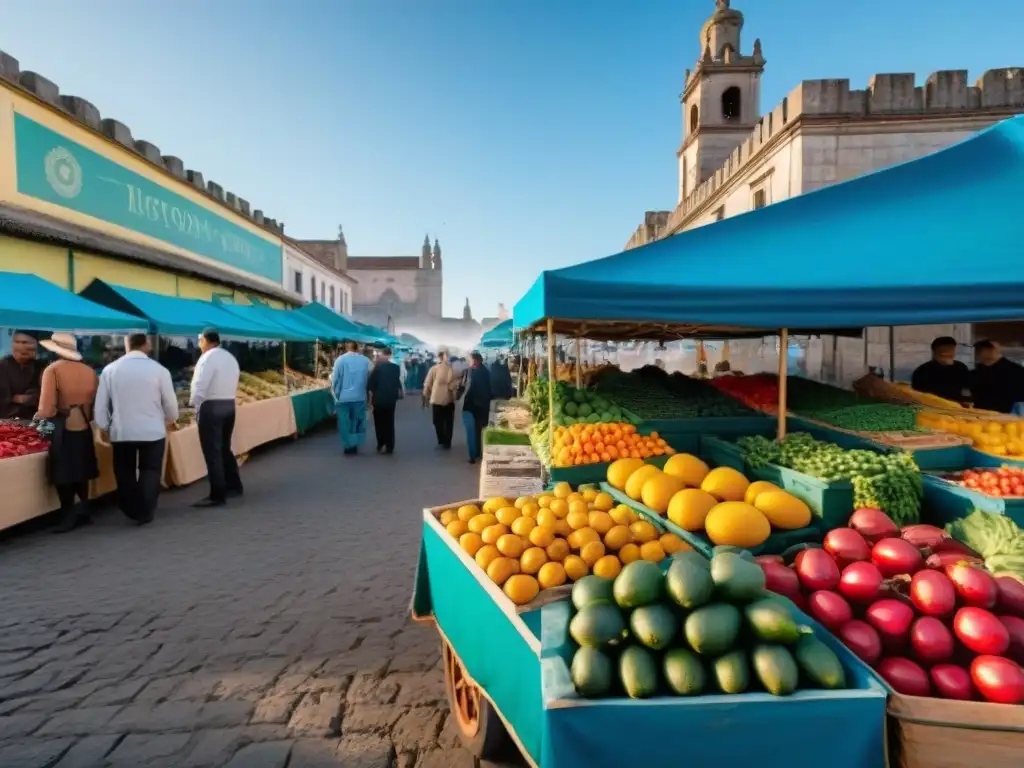 Un mercado bullicioso en Uruguay con frutas frescas, verduras coloridas y vendedores, bajo un cielo azul