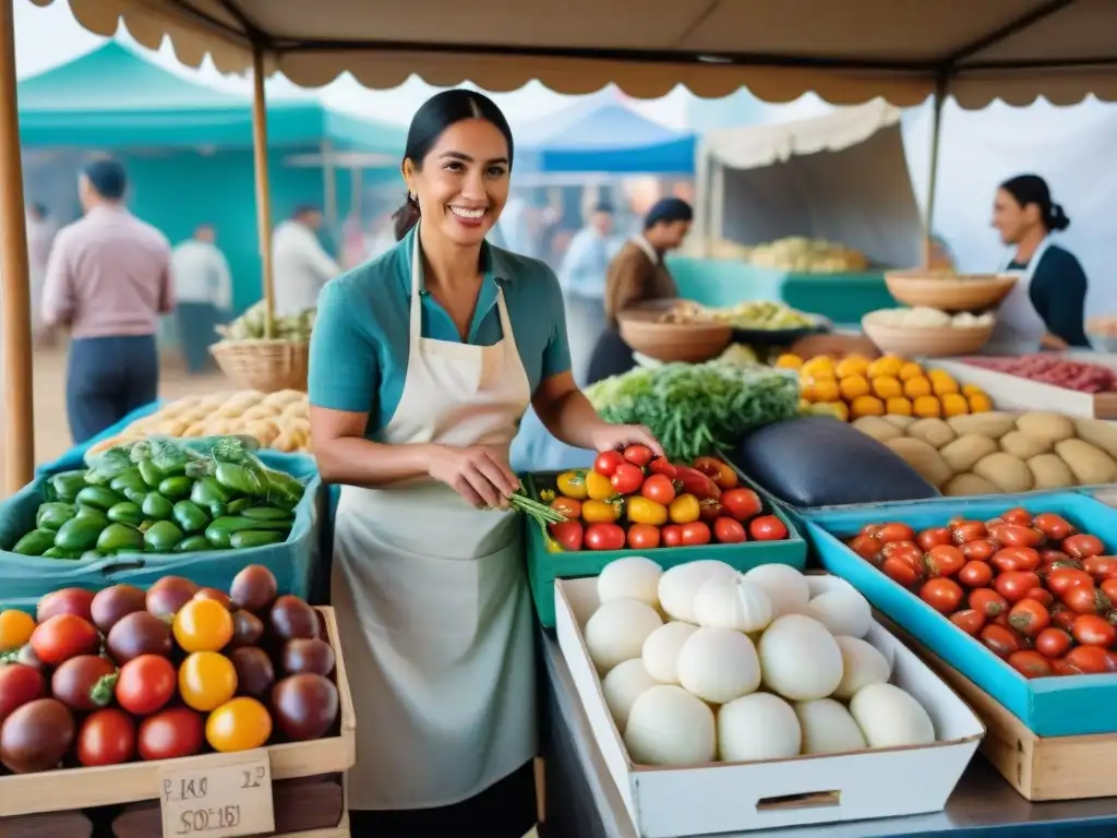 Un mercado bullicioso en Montevideo, Uruguay, mostrando la influencia de la inmigración en la gastronomía uruguaya