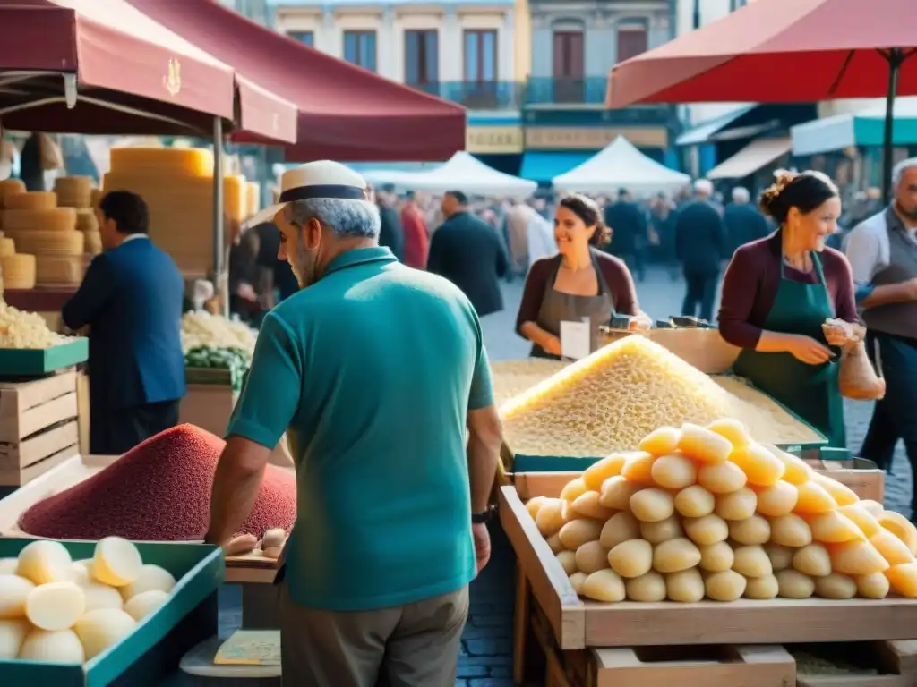 Mercado bullicioso en Montevideo, Uruguay, con productos italianos y la influencia italiana en los mercados de Uruguay