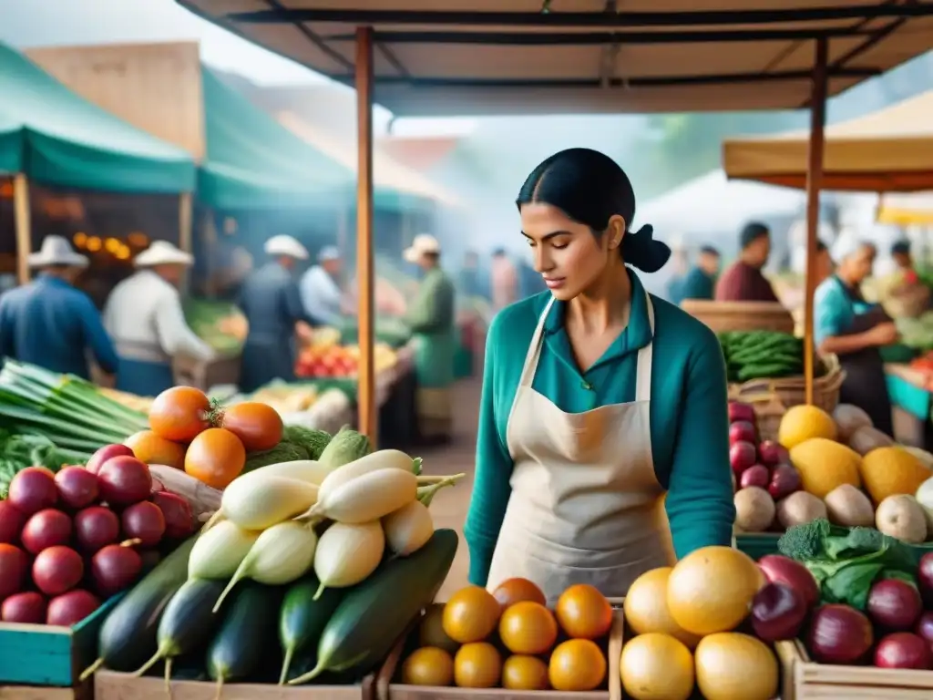 Un mercado bullicioso en Uruguay con productos locales para cocina vegetariana