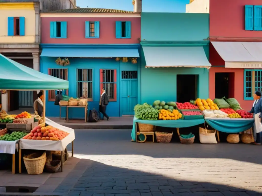 Mercado bullicioso en Montevideo, Uruguay, con puestos de artesanías locales y productos frescos