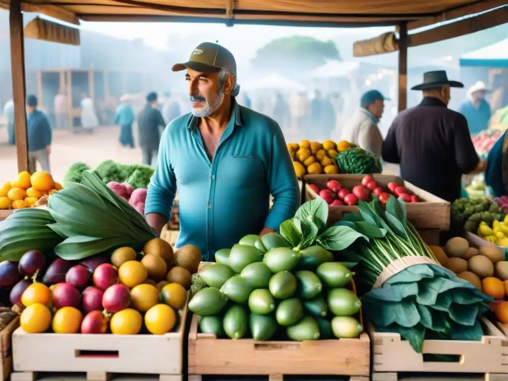 Un mercado bullicioso en Uruguay, con puestos coloridos de frutas y verduras frescas