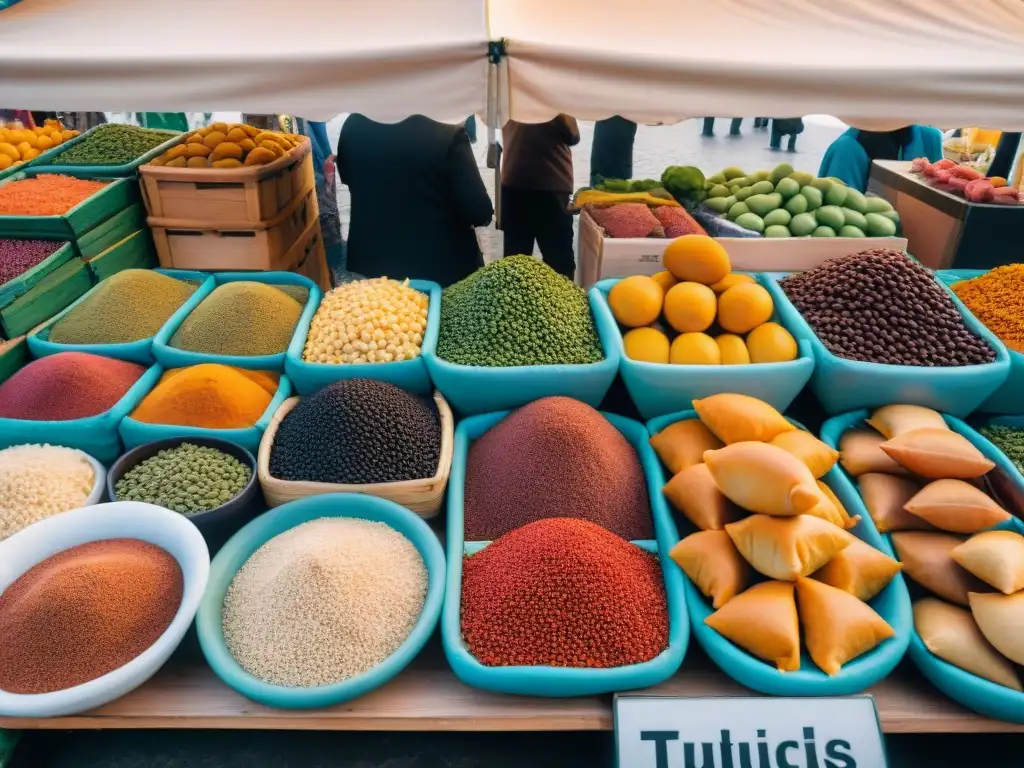 Un mercado bullicioso en Montevideo, Uruguay, con puestos coloridos llenos de productos frescos y especias