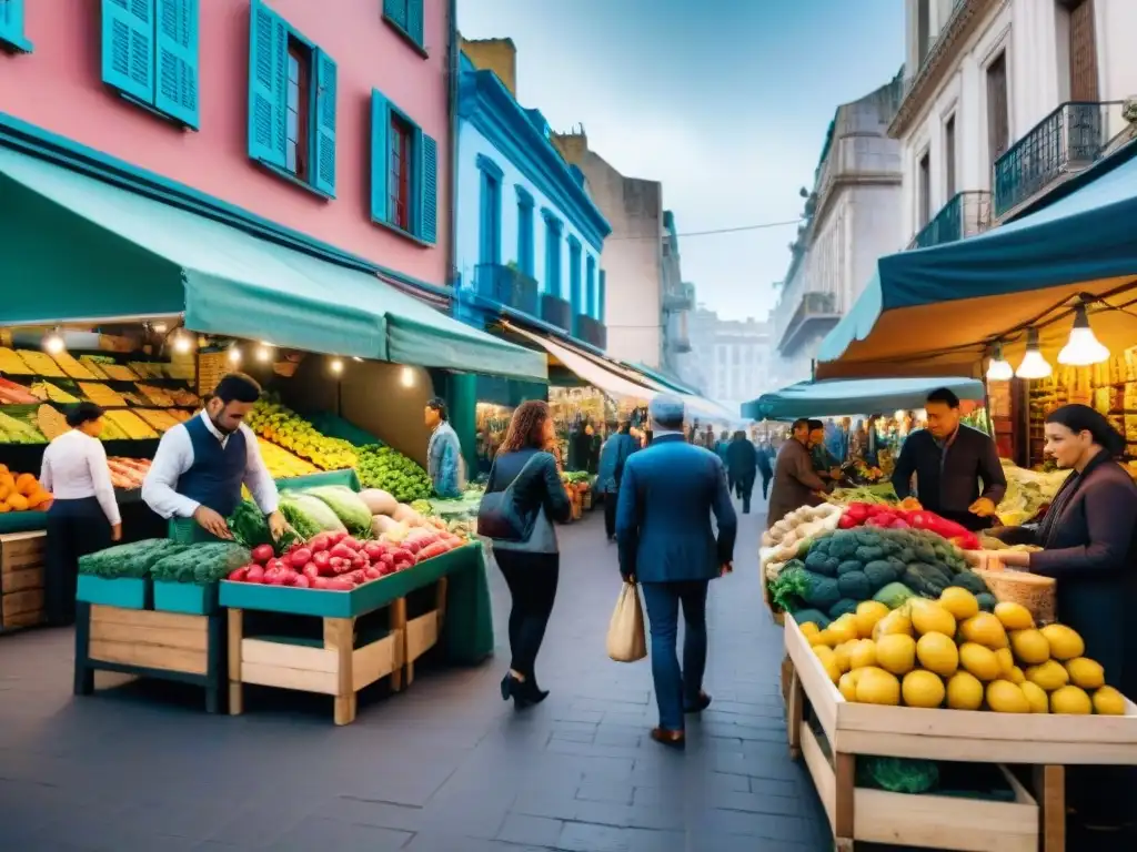 Mercado bullicioso en Montevideo, Uruguay, con puestos coloridos y vendedores apasionados