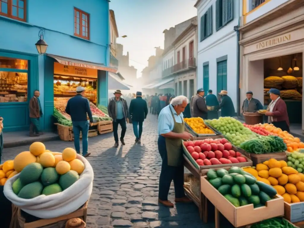 Mercado bullicioso en Uruguay con puestos coloridos de frutas, verduras y delicias locales, en una atmósfera vibrante de la cultura culinaria uruguaya