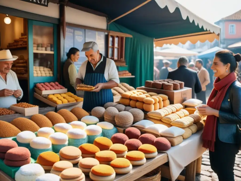 Un mercado bullicioso en Uruguay con puestos coloridos de souvenirs gastronómicos