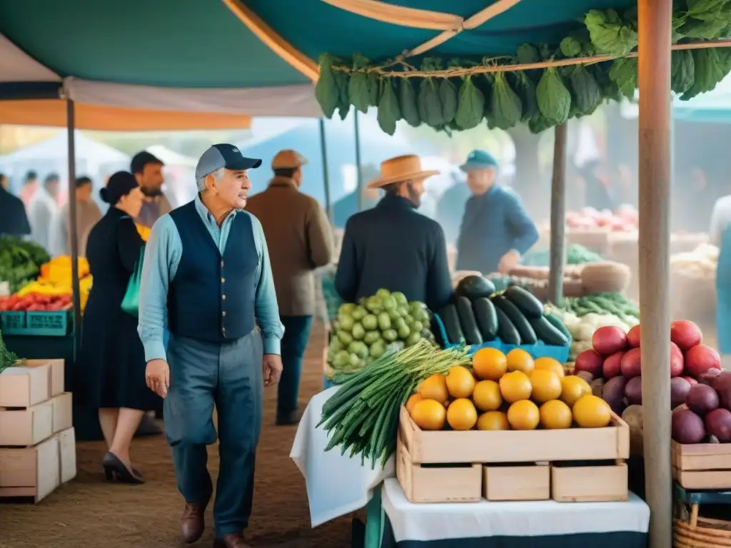 Un mercado bullicioso en Uruguay con puestos coloridos rebosantes de frutas, verduras y hierbas locales